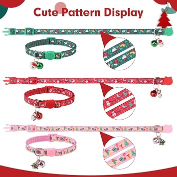 BINGPET Cat Collar, 3 Pack Adjustable Breakaway, Cute Kitty Collars with Bell, Christmas, for Girl Boy Cats & Small Pets