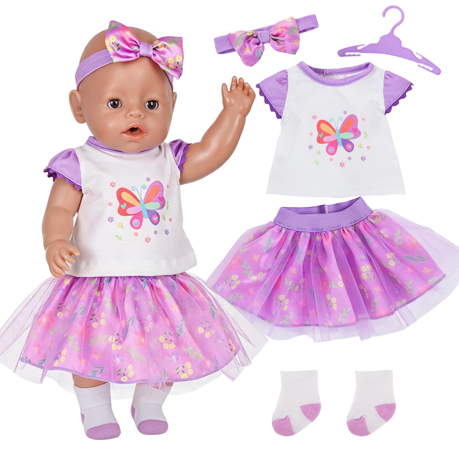 5 Pcs Purple Doll Clothes Dresses for 35-43cm Baby Dolls, BabyDolls, Sweet Butterfly Doll Dress with Top Tutu Hairband Socks Hanger, 14-18 Inch Doll Clothes Set Gift for Girls