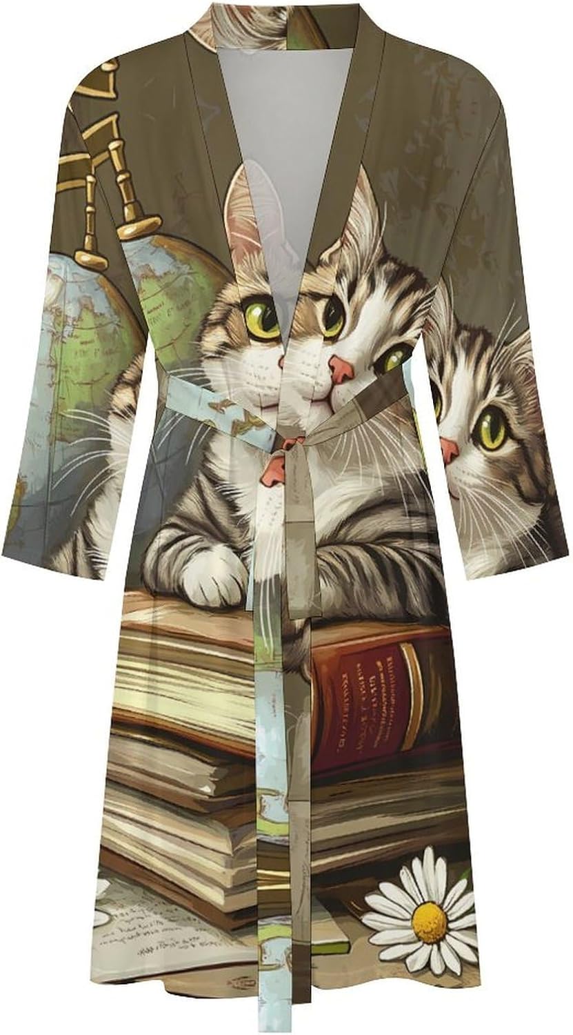 Cat Book Men's Robe Soft Bathrobe V Neck Loungewear Sleepwear Nightgown Dressing Gown