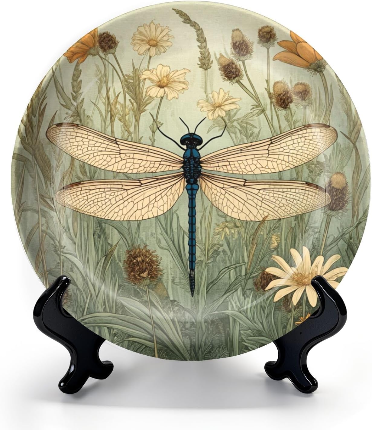 HABEN ARTWORK 10" Ceramic Plates for Display Vintage 3D Textured Green Flowers Nature Botanical Dragonfly Wildflowers Decorative Plate with Stand and Hook for Kitchen Dining Room Wall Hanging Decor