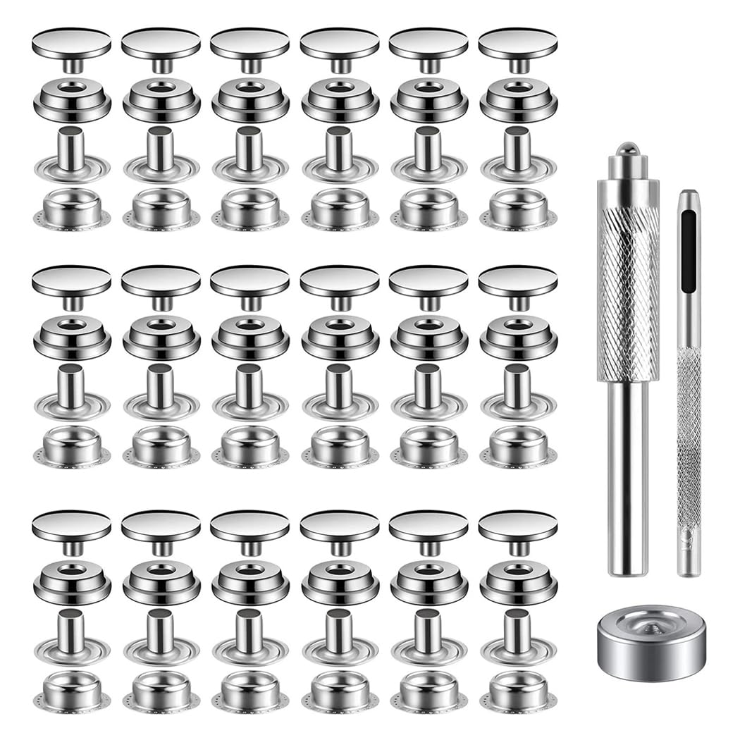 Youery 18 Sets Press Stud Kits, 15 mm Stainless Steel Metal Press Studs with 3 Push Button Installation Tools