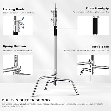 Heavy Duty C Stand 6.9ft/210cm with Holding Arm Sandbag and storage bag Grip Head Stainless Steel Photography Light Stand C-Stand Sturdy for Photography Studio Video Monolight Softbox Shooting?Silver?