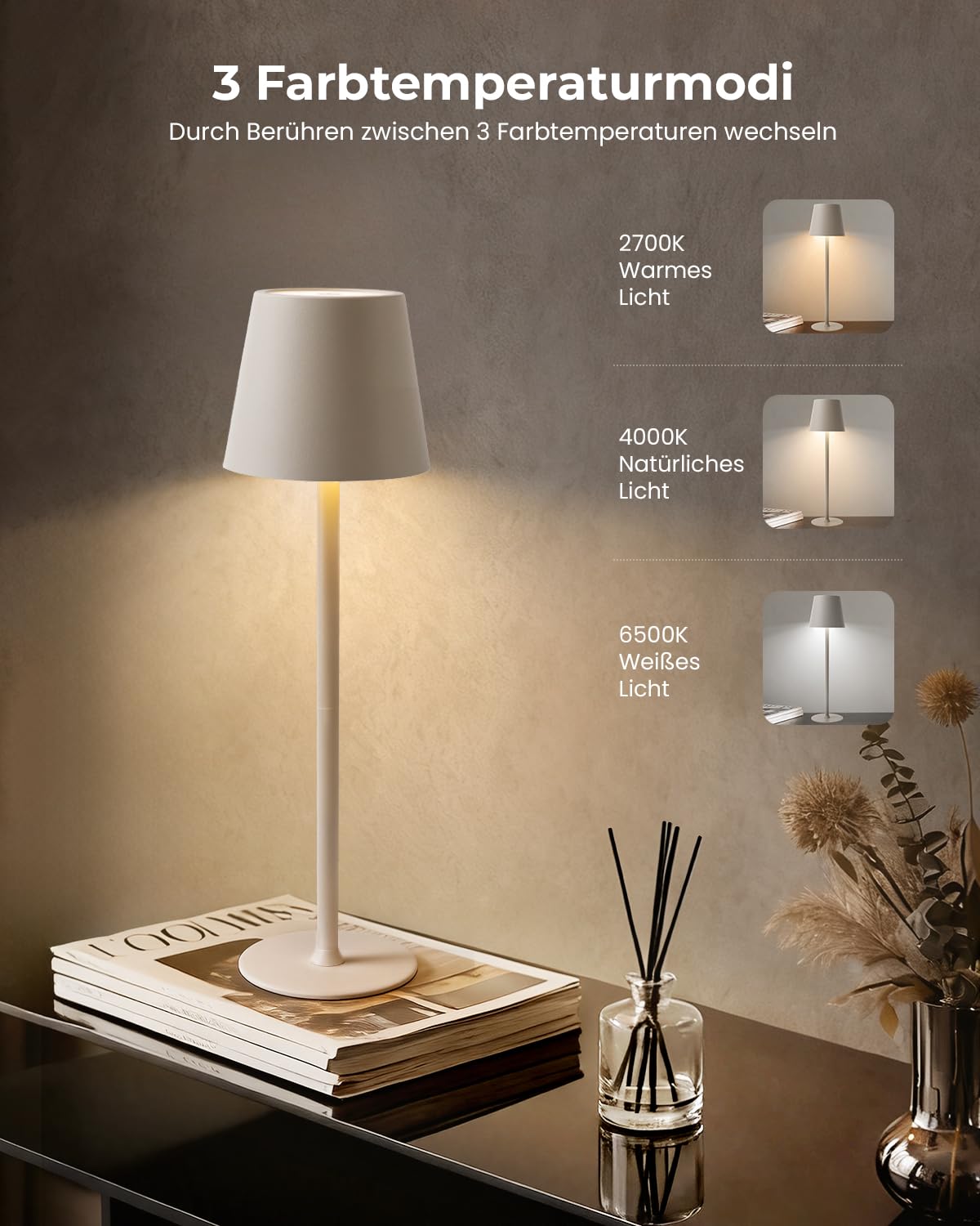 Bonsery Tischlampe Kabellos 2 Stück, Akku Tischleuchte Kabellos mit 3 Farbtemperatur Dimmbar, Portable LED Tischlampe Touch mit 24cm/37.5cm Höhe, Nachttischlampe 2er Set für Büro Garten Bar, Beige