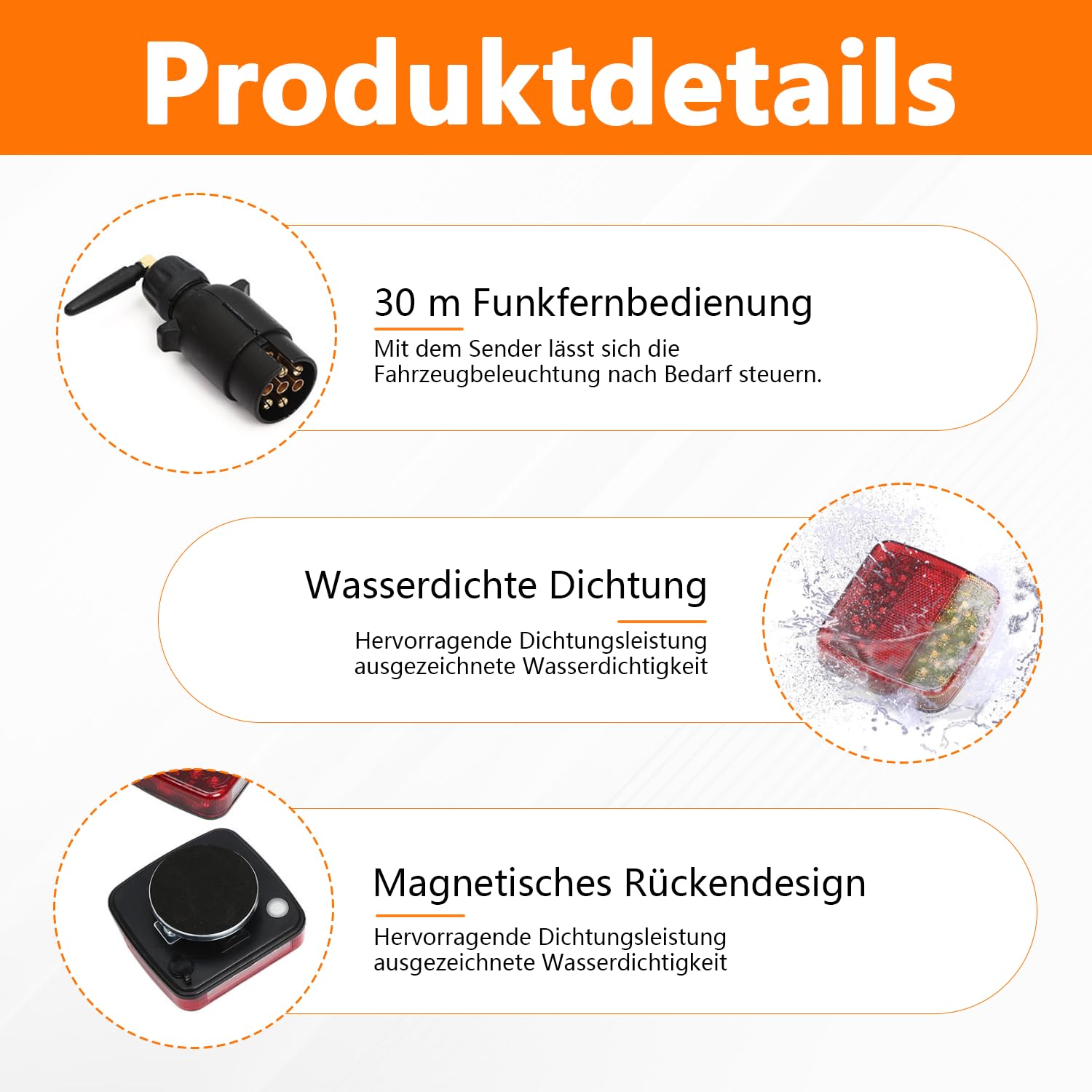 Anhänger Rückleuchten Kabellose, Magnetische Beleuchtungs LED Set mit 7 Pin Stecker, Rücklicht Anhänger Set mit Blinker, Bremslicht, Positionslicht & Kennzeichenlicht für LKW, Traktor, Wohnwagen