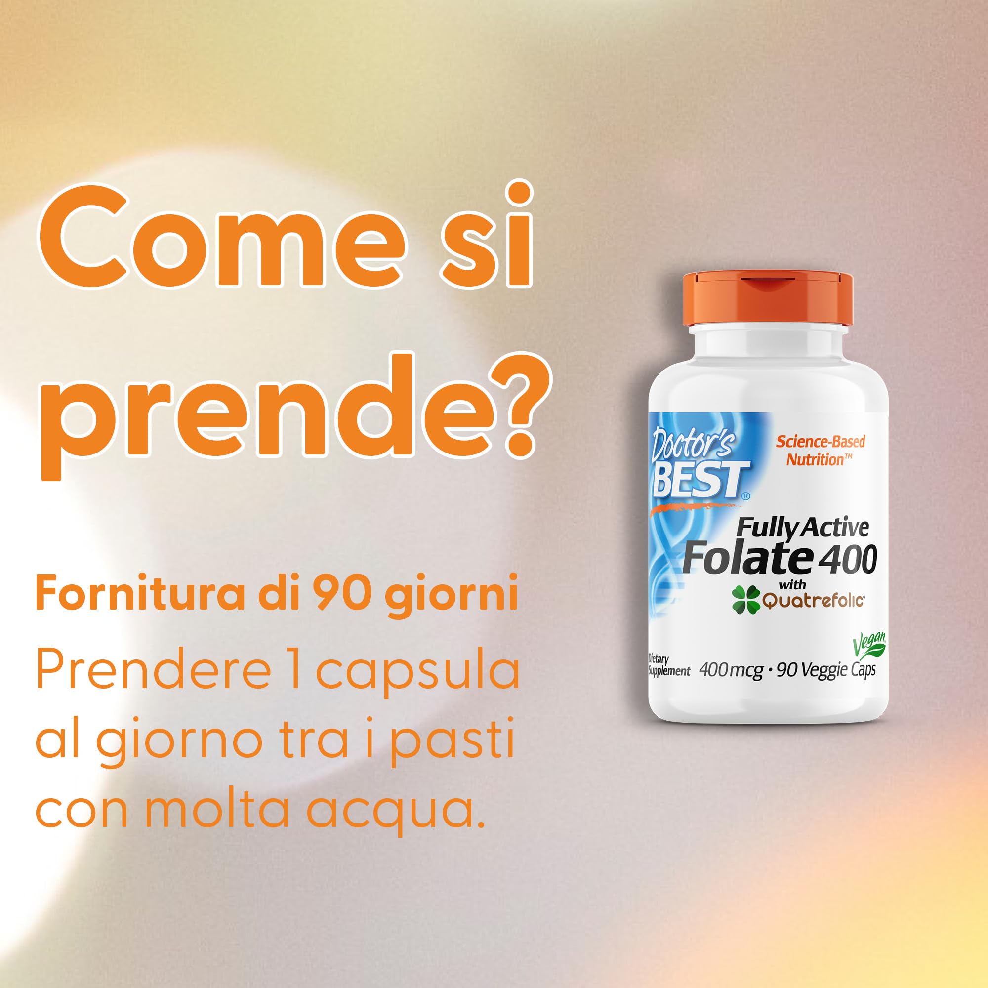 Doctor's Best, Fully Active Folate (Acido Folico), con Quatrefolic, 400mcg, 90 Capsule vegane, Vitamina C, Testato in Laboratorio, Altamente Dosato, Senza Glutine, Senza Soia, non OGM