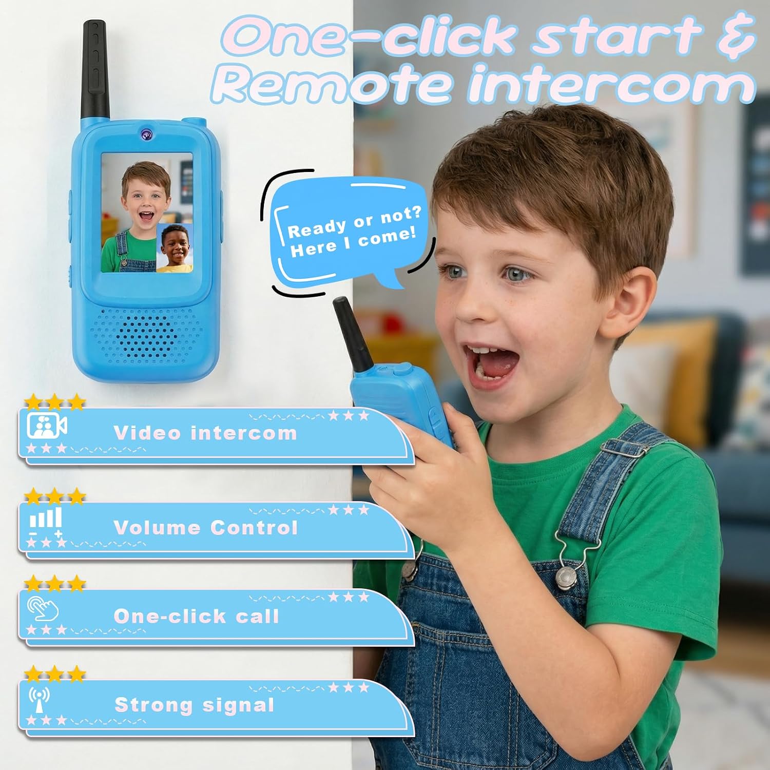 Kids Video Walkie Talkies Toy for Boys and Girls, 2.4GHz Two Way Radio with Real-Time Video and Audio, Voice Changer, Long Range Communication Device for Indoor Outdoor Play (Blue-Blue)