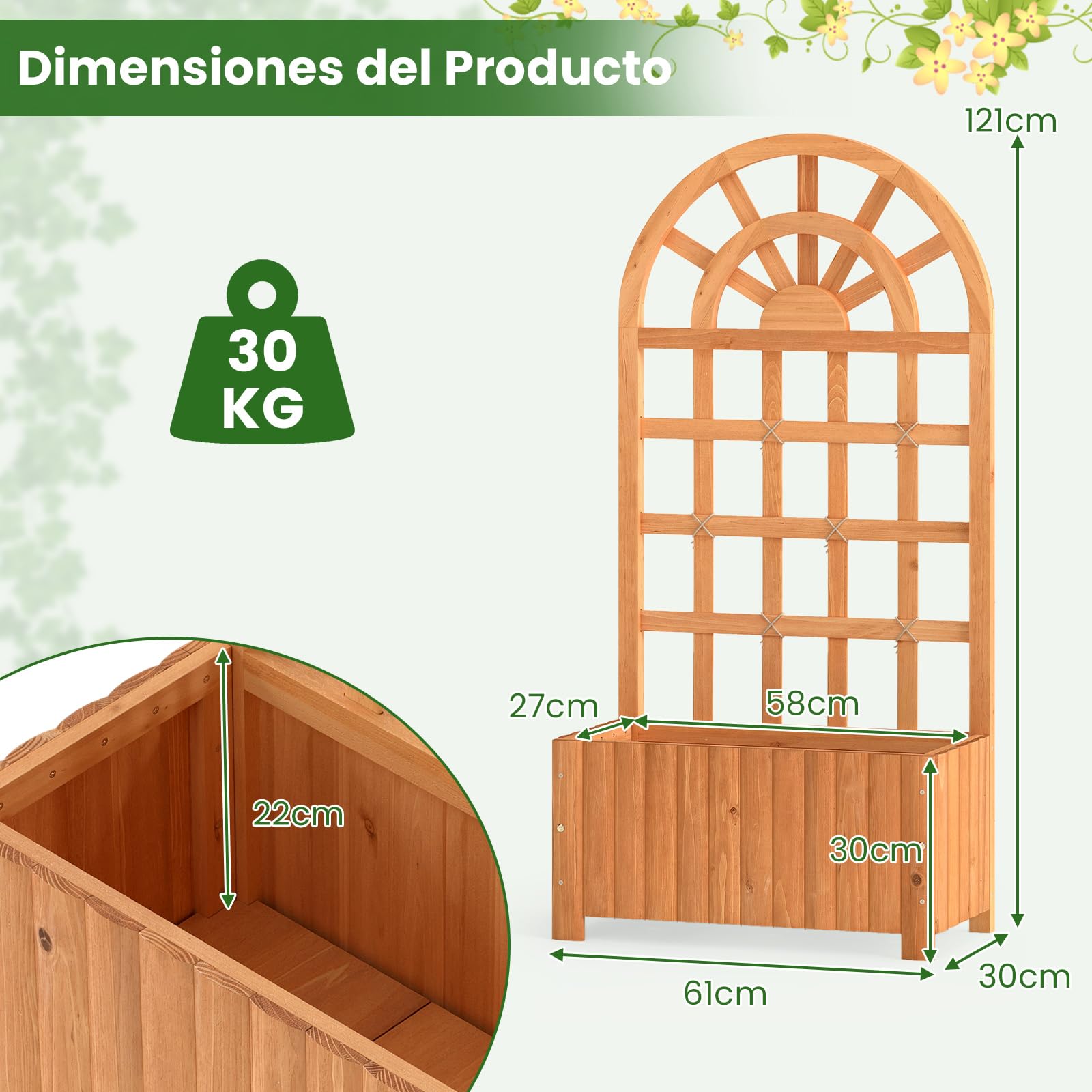 COSTWAY Jardinera con Enrejado de Madera, Jardinera con Celosía y Agujeros de Drenaje, Macetero Elevado para Plantas Trepadoras, Flores, Verduras, Patio, Jardín, Terreza (Marrón,61x30x121 cm)