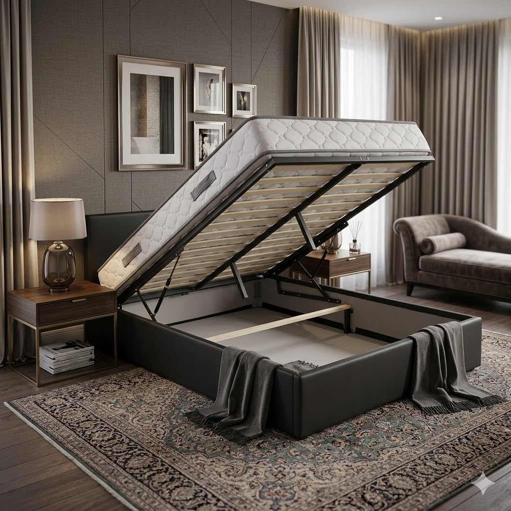 Ensemble Lit Coffre et Matelas 180x200 cm - Couleur : Noir - Sommier Relevable avec Vérins Hydrauliques - Matelas Soutien Très Ferme Haute Densité - Lit Coffre Déhoussable