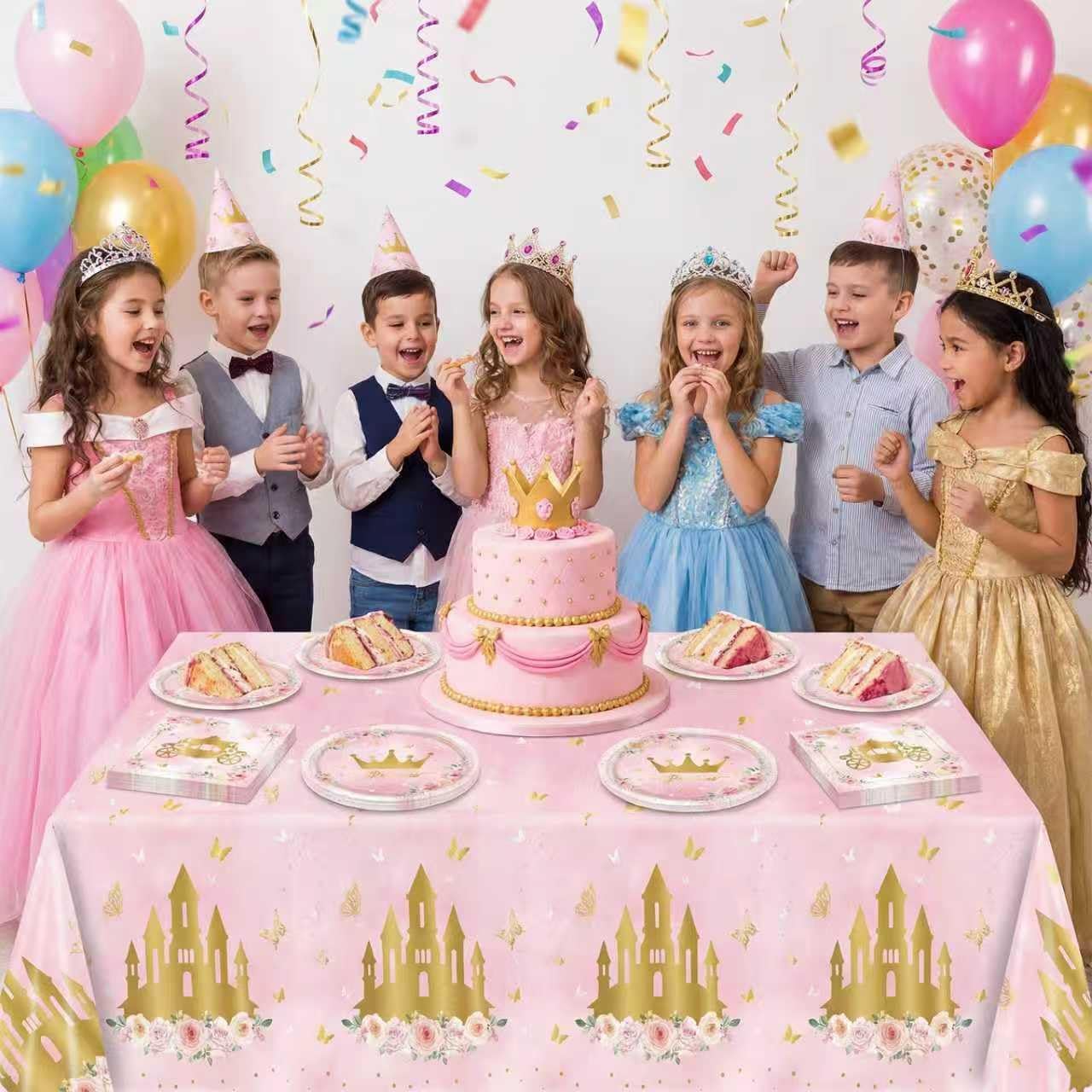 41PCS Princess Birthday Party Decorations,Pink Floral Castle Princess Birthday Themed Tableware Set Includes Paper Plates and Napkins,Tablecloth for Princess Party Supplies,Serves 20