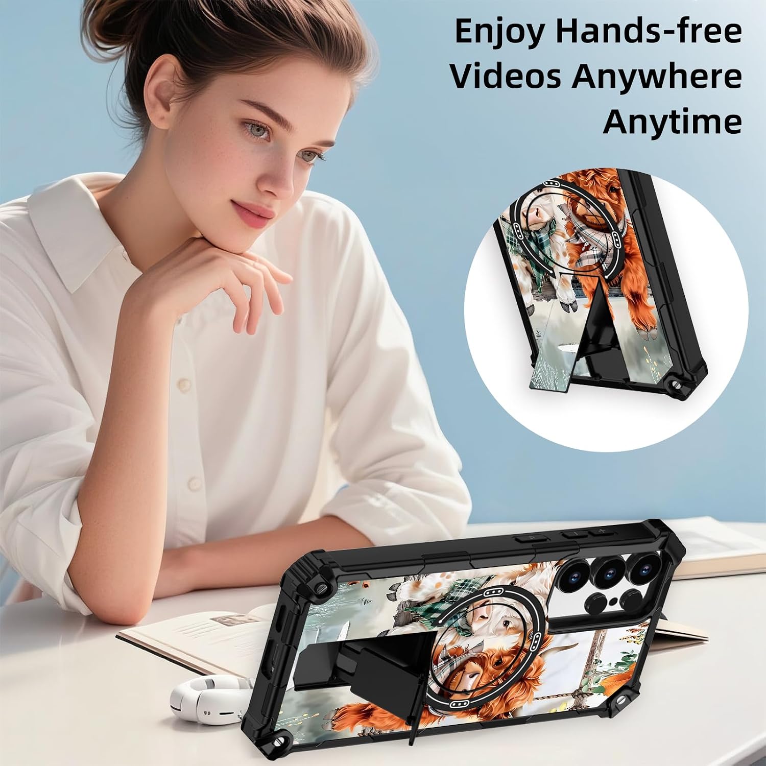for Samsung Galaxy S25 Ultra Case, Heavy Duty Dual-Layer Shockproof Bumper Cover, Magnetic Back & Kickstand, Wrist Strap, Rugged Protective Phone Case for S25 Ultra, Cute Highland Cows