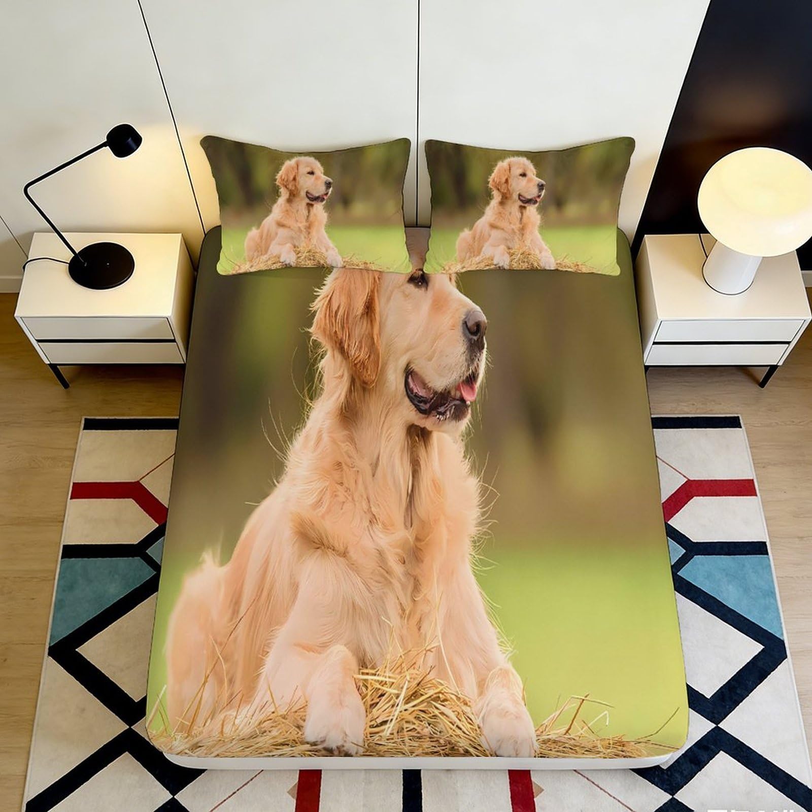 3D Printed Golden Retriever Fitted Sheet Microfiber Soft Breathable Dog Portrait Bed Cover for Bedroom Dorm Decor 90x200x25cm