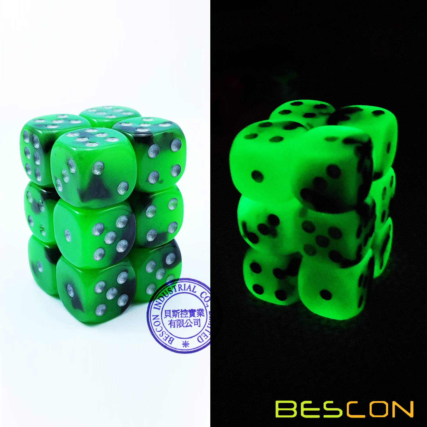 Bescon Two Tone Glowing Dice D6 16mm 12pcs Set SPOOKY ROCKS, 16mm Six Sided Die (12) Block of Glowing Dice - Image 4