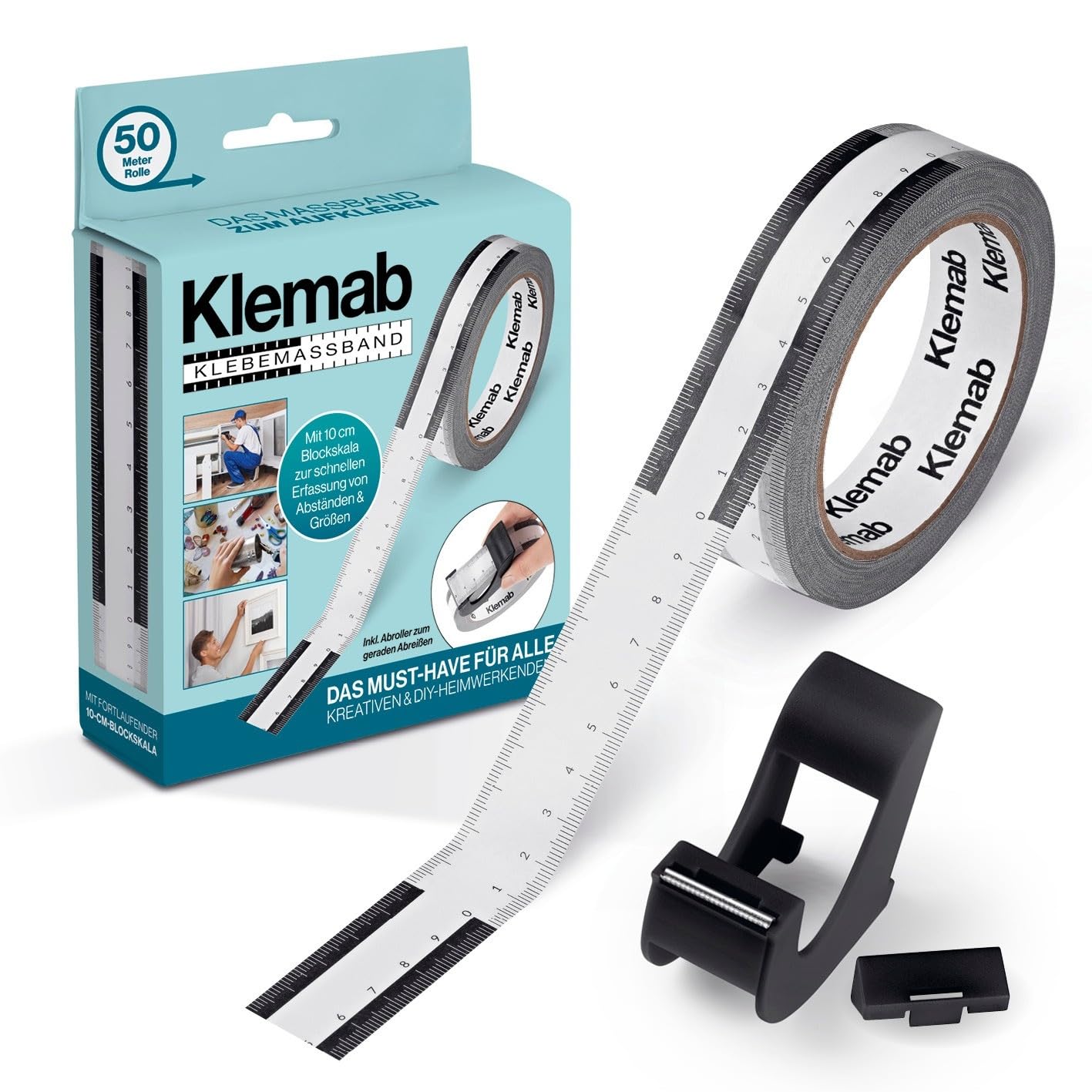 Klemab Klebemaßband 50 m x 2,5 cm | Selbstklebend & rückstandslos entfernbar | 10-cm-Blockskala, beschreibbare Oberfläche | Inkl. Abroller mit Klingenschutz