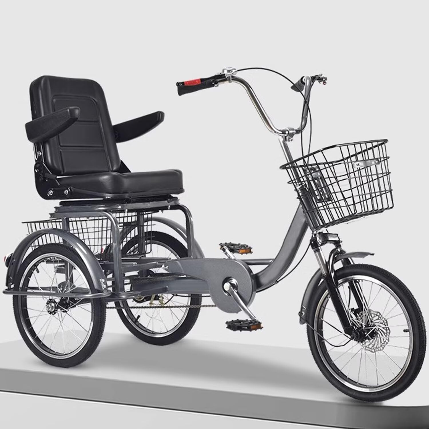 Triciclo para adultos con asiento ajustable y respaldo plegable, horquilla delantera hidráulica para un paseo suave, ideal para ocio y ejercicio