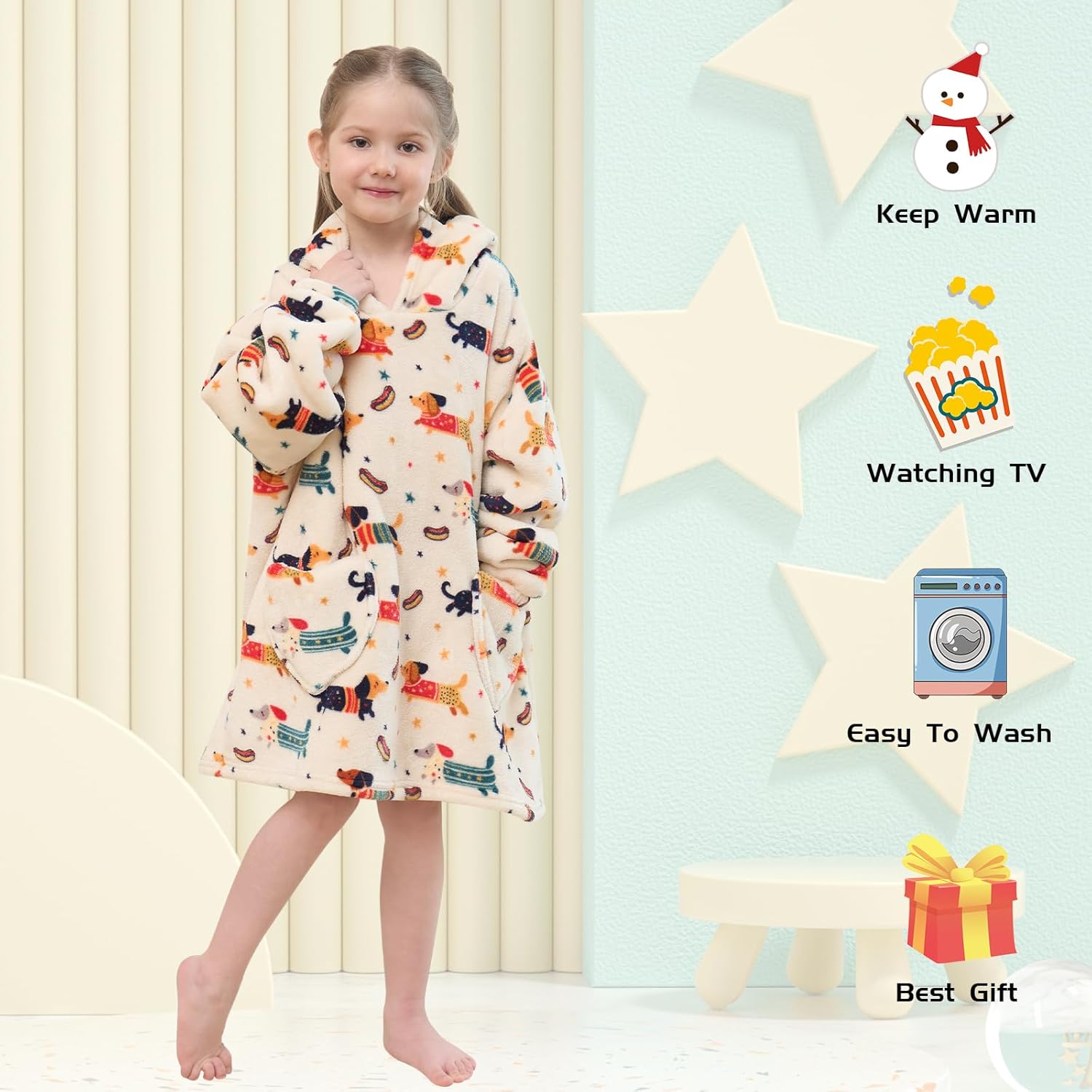 Wearable Blanket Hoodie for Kids Oversized Sherpa Blanket Hoodie for Kids Boys Girls Toddler 2-6YR,Dachshund - Image 3