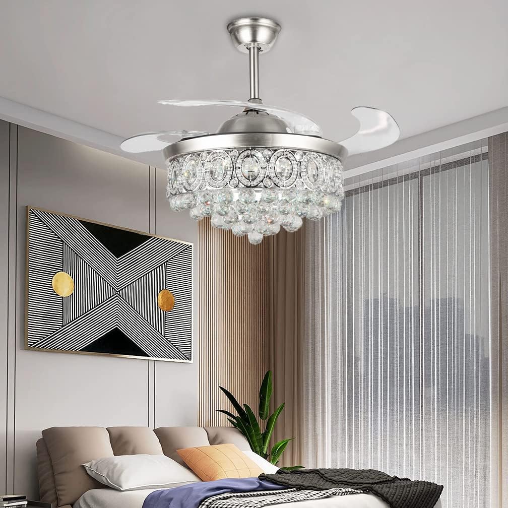 MORE CHANGE BIGBANBAN 42" Crystal Ceiling Fan Indoor with Light Remote Control Modern Silver Retractable Ceiling Fan Chandelier 3 Colors 3 Speeds Silent Fandelier Chandelier for Dinning Room Bedroom