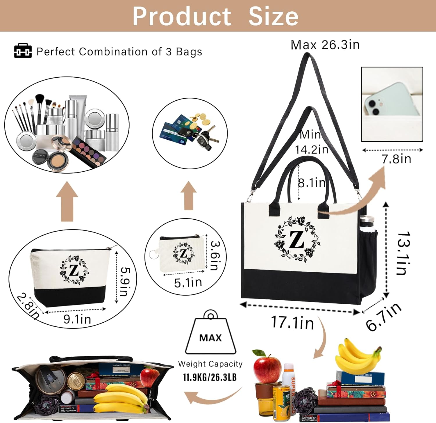 Monogram Personalized Initial Canvas Tote Bags, Double-sided Embroidery Tote Beach Bags Gifts