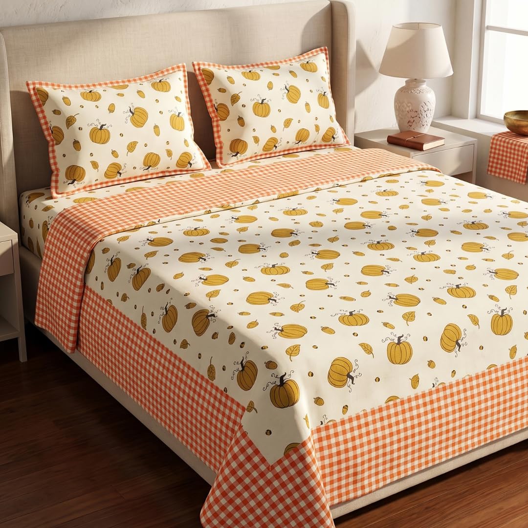 Riyaawearz 100% Pure Cotton Bedspread for Double Bed Queen Size | Soft & Breathable Bedding with 2 Pillow Covers | Gingham Pumpkin Design | Soft Breathable Cotton Bed Cover | 90 x 100 Inches-image-8