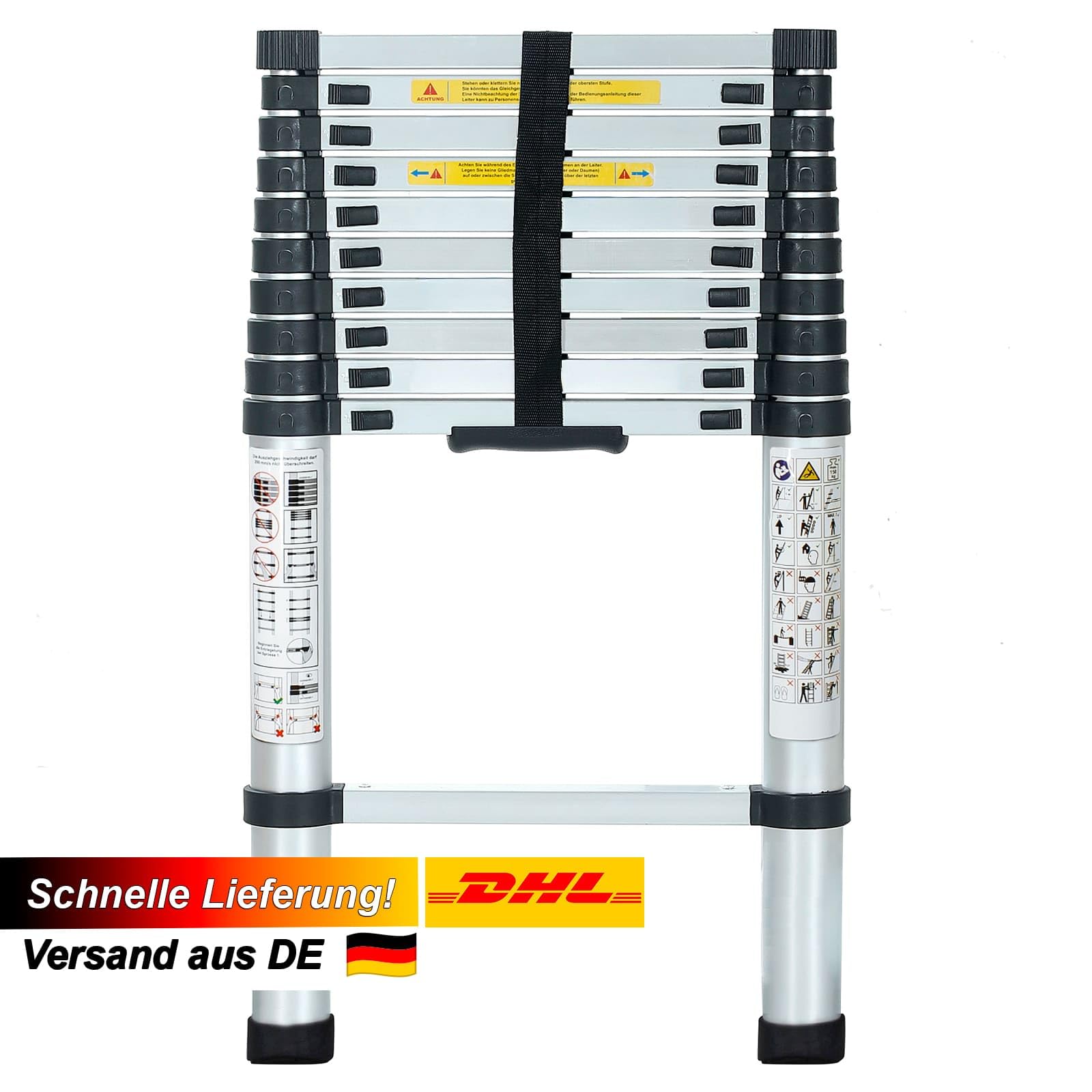 Eaxus® Teleskopleiter 3,2 m | DIN EN 131 | Aluminium Mehrzweckleiter | Ausziehbar mit 11 Stufen | Silber