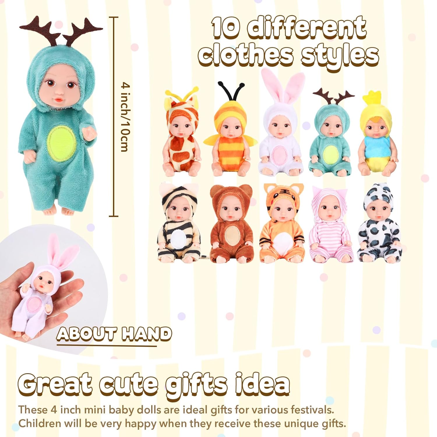 10 Pcs 4 Inch Mini Baby Dolls Playset with Handmade Animal Clothes - Reborn Baby Dolls Realistic Open Eye Design Role Play Toys for Girls Boys, Christmas Easter Gift