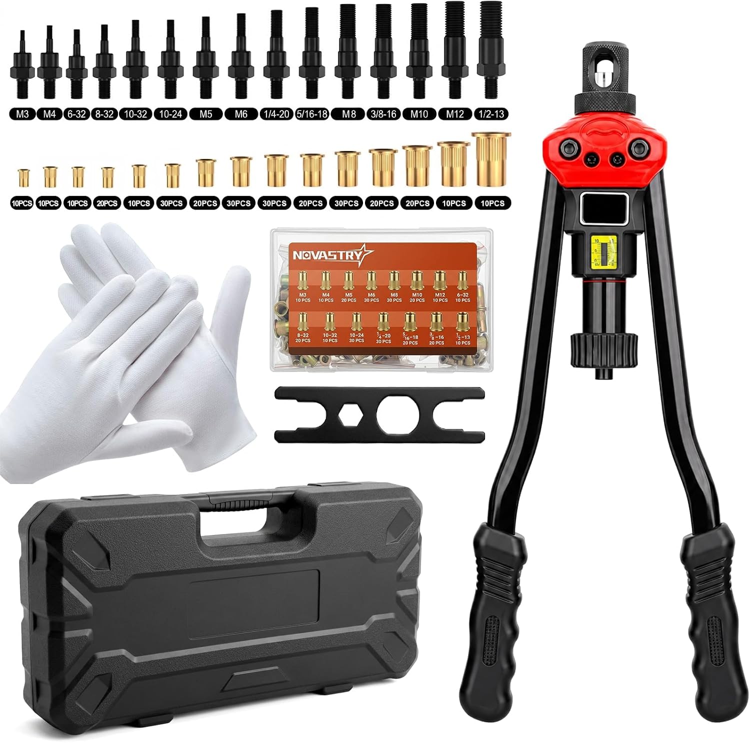 18-Mandrel Rivet Nut Tool Kit, 18 SAE & Metric Mandrels(15 Sizes), 280 Nuts