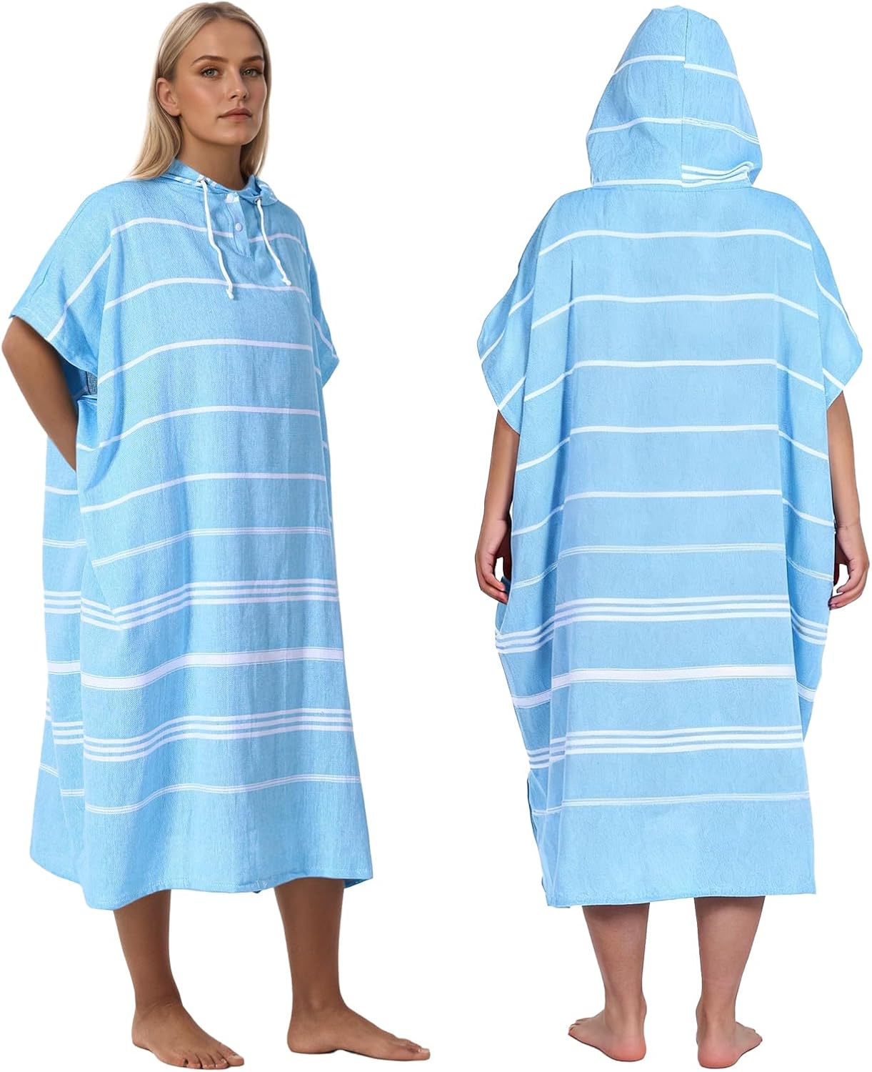 1pcs Cotton Turkish Towel Poncho Turkish Surf Poncho Changing Towels Wearable Beach Towel Hooded Swim Robe with Pocket Swim Cover Up for Adult Man Women Surf, Beach, Pool and Swim (Blue, M)