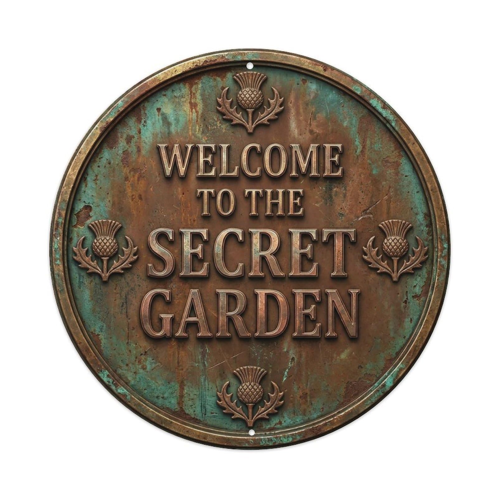 Vintage Welcome Secret Garden Bronze Sienna Thistle Metal Tin Sign