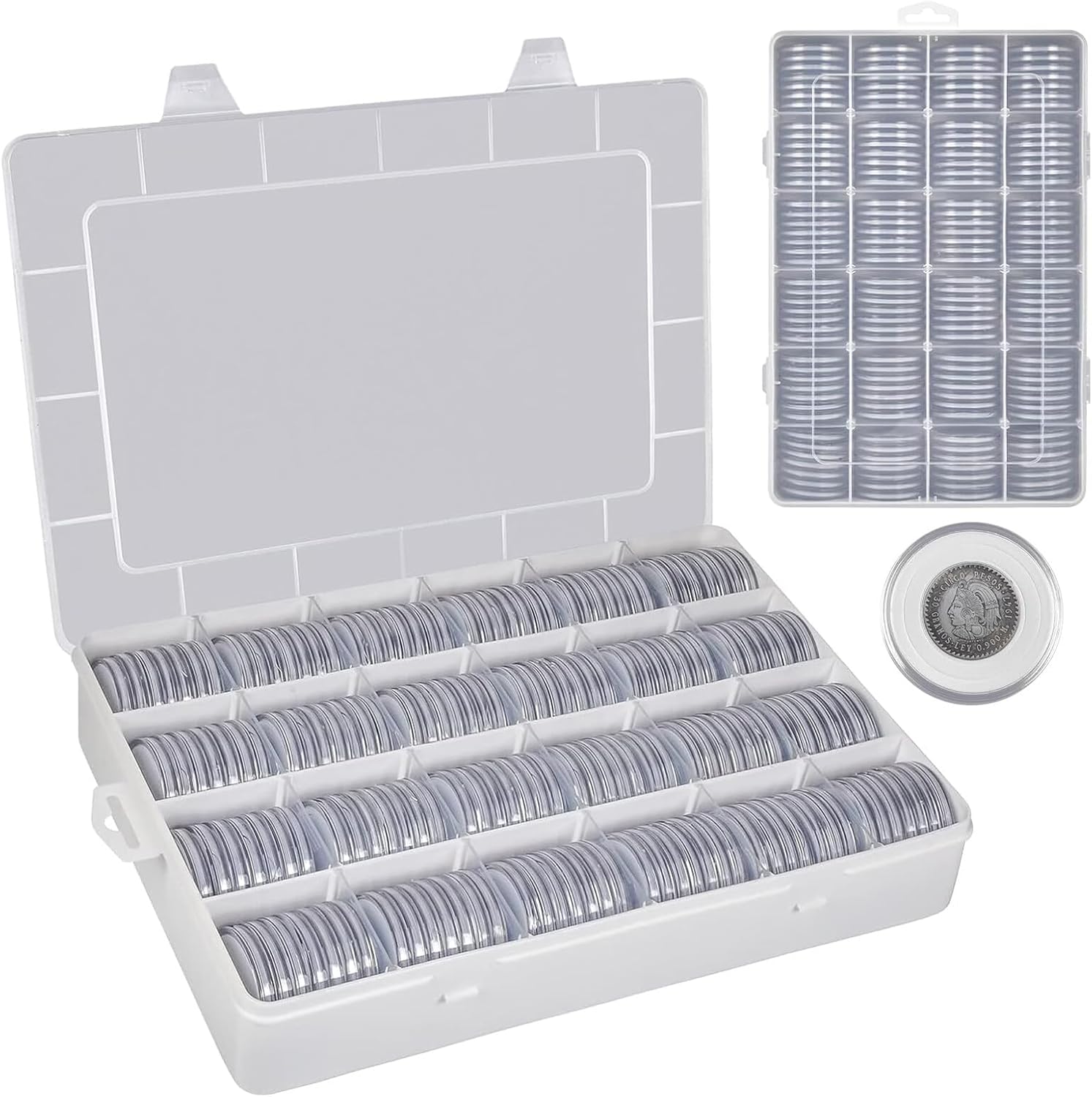 168 Pcs 46mm Coin Capsules Case with Foam Gasket and Plastic Storage Organizer Box, Coin Holder for Collectors, 7 Sizes (16/20/ 25/27/ 30/38/ 46mm) Coin Holders for Coin Collection Supplies Only-White White Foam