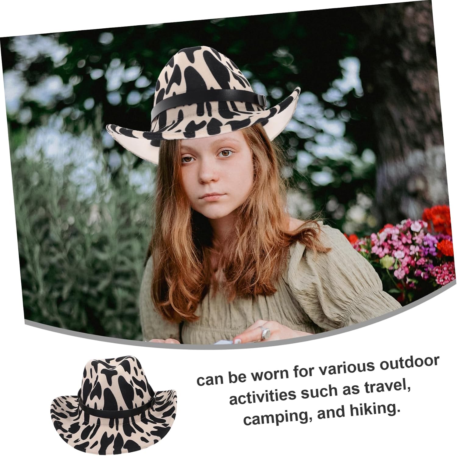 Ipetboom Cowgirl Hat Belt Stylish Cow Pattern Costume Accessory for Dress up Parties and Outdoor Events Versatile Design for Men and Women Rolled Edge for Timeless Appeal