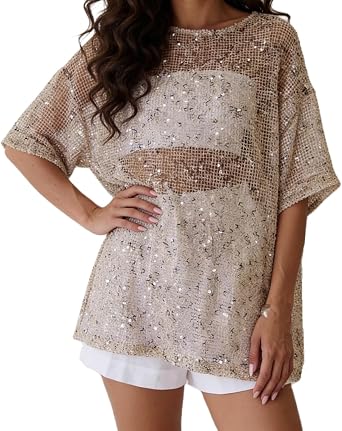 Women Sequin Sheer T-Shirts See Through Sparkly Short Sleeve Loose Blouse