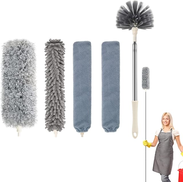 PhilaeEC Extendable Feather Duster Kit, 5PCS Duster Cleaning Kit with Extension Pole Replacement Heads, Microfiber Gap Duster for Cleaning Dust Cobweb on High Ceiling Fans/Lights/Blinds/Cars