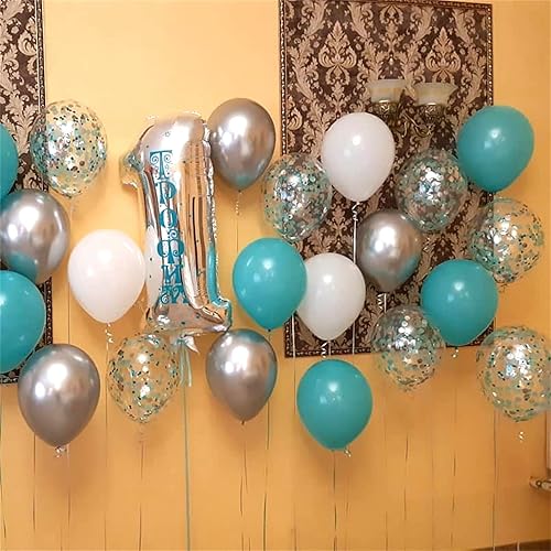 Miniatura 5 de Globos de látex de confeti azul turquesa, azul claro, menta, verde, plateado y blanco, juego de globos de látex de confeti, azul aguamarina, blanco