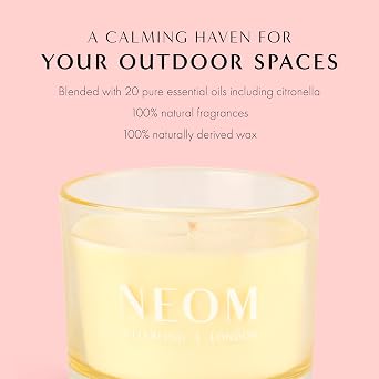Neom-夏の香り付きキャンドル1芯、コンプリートブリスシトロネラiアウトドアキャンドルi100%天然ワックス、ハンドフィニッシュiモロッコブラッシュローズ、ライム、ブラックペッパー、シトロネラ。