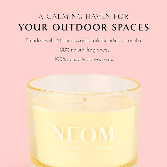 Neom-夏の香り付きキャンドル1芯、コンプリートブリスシトロネラiアウトドアキャンドルi100%天然ワックス、ハンドフィニッシュiモロッコブラッシュローズ、ライム、ブラックペッパー、シトロネラ。