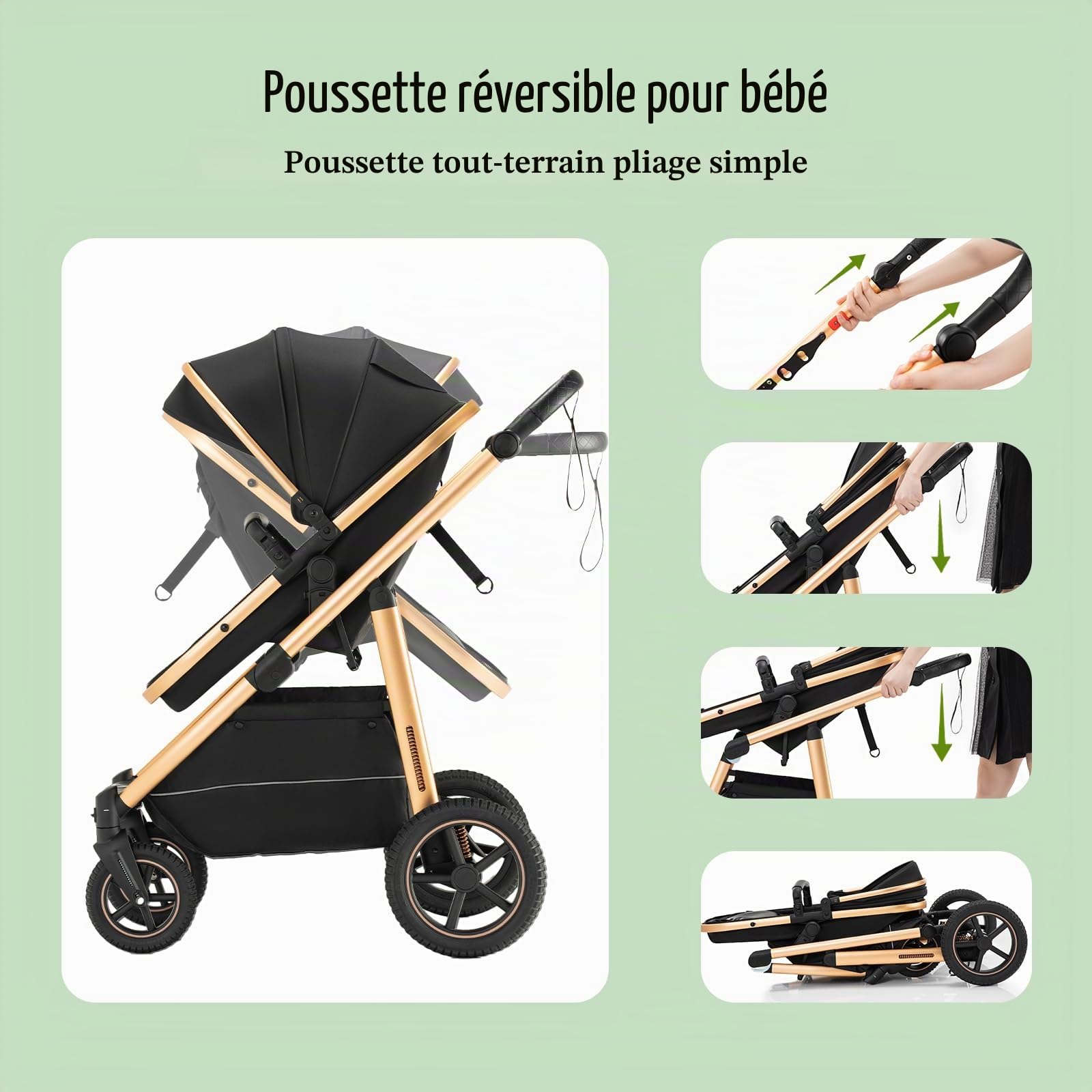 3 en 1 Poussette Combinées, Poussettes Poignée à Hauteur Réglable, Poussette Canne, Système de Voyage et Avec Siège Auto, Moustiquaire, Cadre en Aluminium High Vision, 0-4Ans 22KG