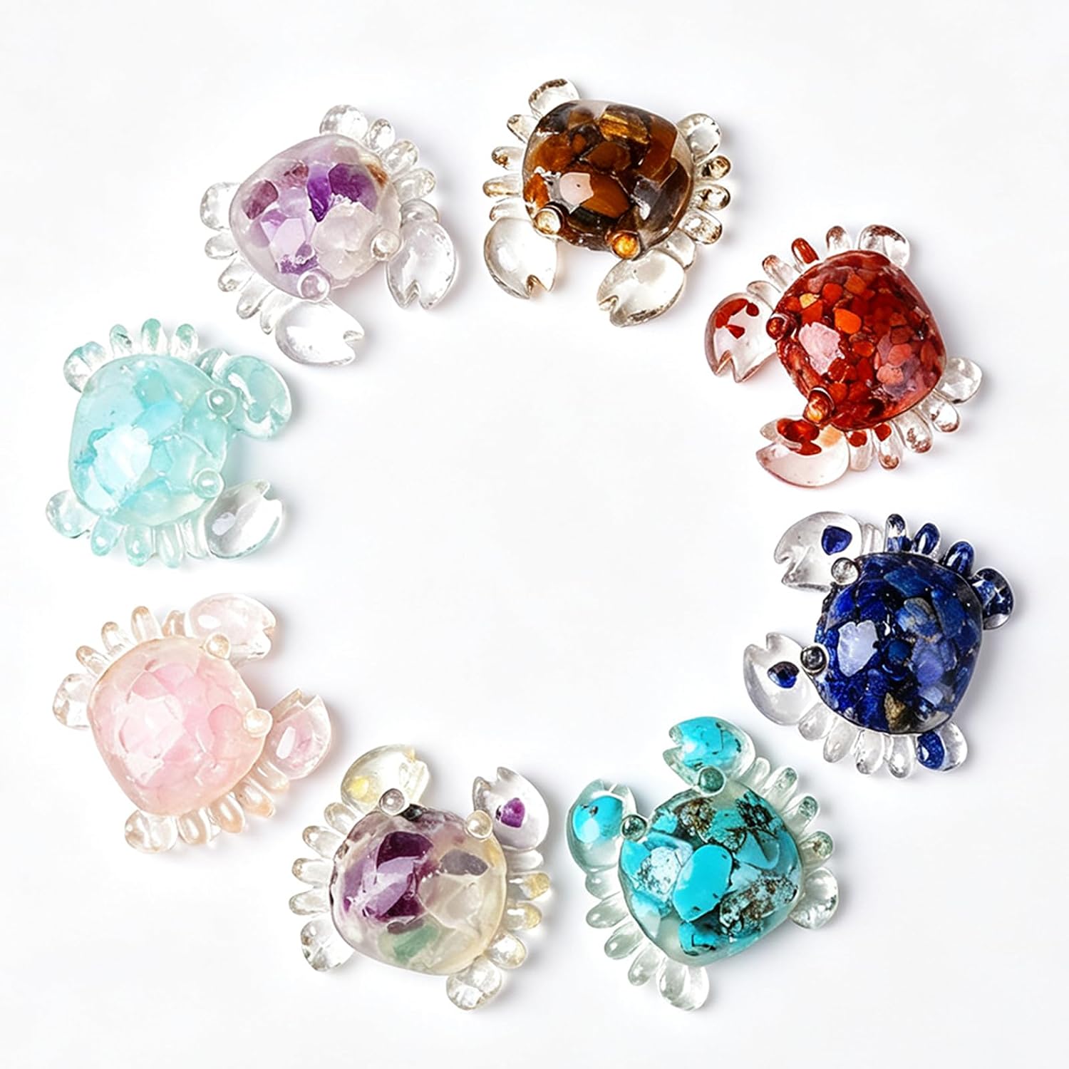 Natural Crystal Resin Crab Figurines Set, 8Pcs Mini Desk Ornaments