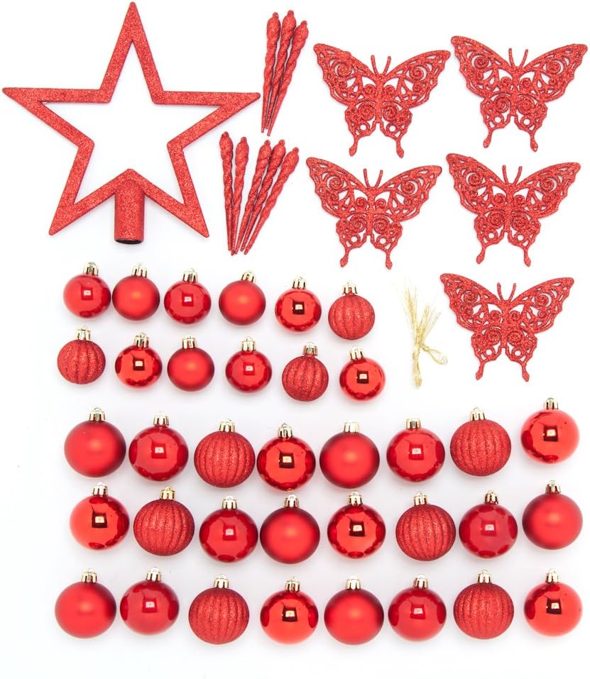 Festive 50 Piece Assorted Christmas Ornament Set, Red Home & Kitchen