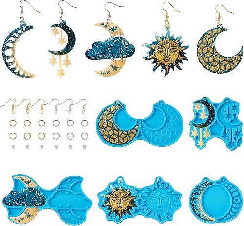 Pandahall - 5 moldes de resina de silicona para aretes, luna creciente, luna, estrella, resina epoxi, joyería con ganchos para aretes y anillo de