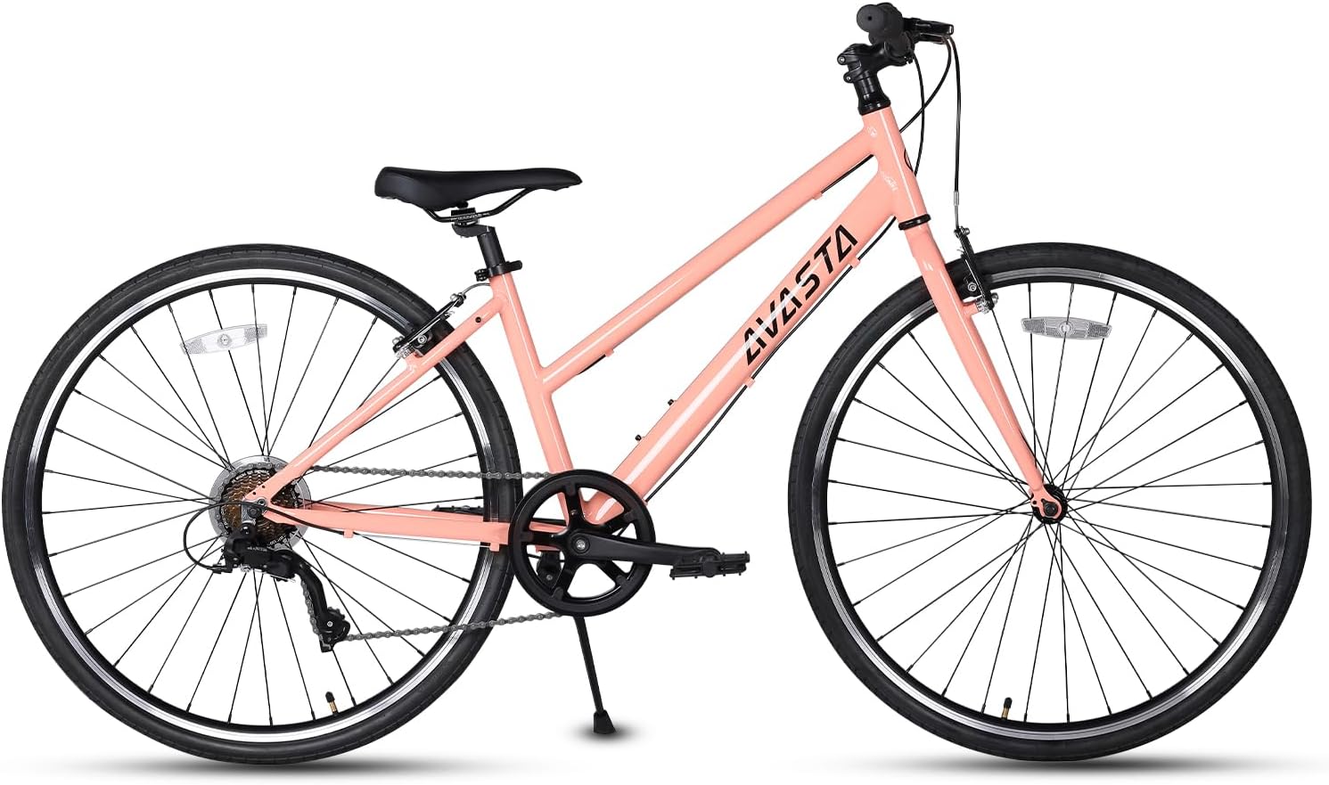 Road Hybrid Bike for Women Female Lightweight Step Through 700c Aluminum Alloy Frame City Commuter Comfort Lady Bicycle, 7-Speed Drivetrain, Peach