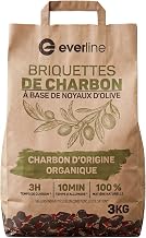 EVERLINE - Olive Stone Charcoal Briquettes, 3 kg, 100% Natural Fuel for Fire Bowl, Barbecue, Quick Ignition in 10 Minutes, 3H Maximum Cooking, Low Smoke, No Additive
