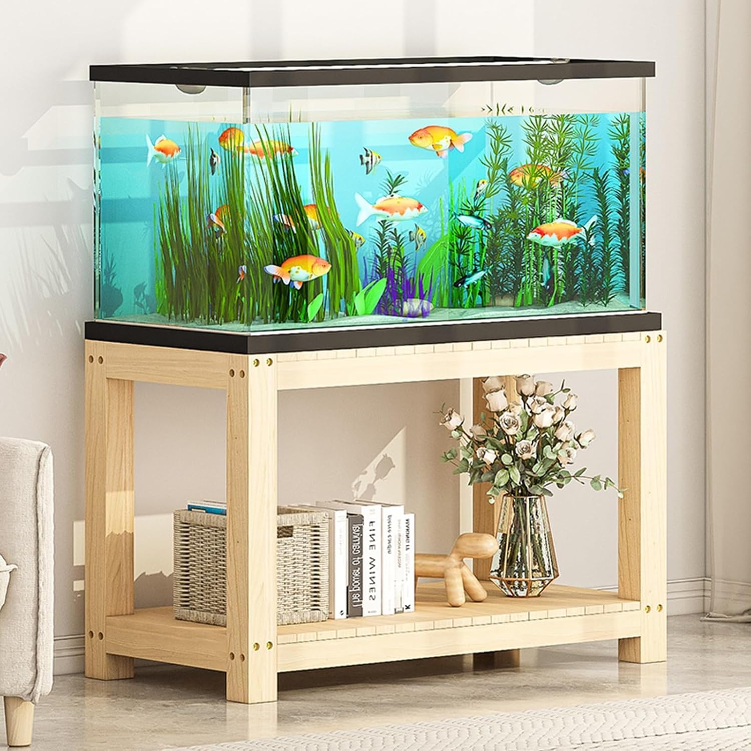 Supporto in Legno per Acquario, Supporto per Acquario a Due Livelli, Robusta Base per Vasca Pesci, Ripiano Multiuso Camera da Letto, Studio e Balcone,A,50X45X50CM(19X17X19IN)