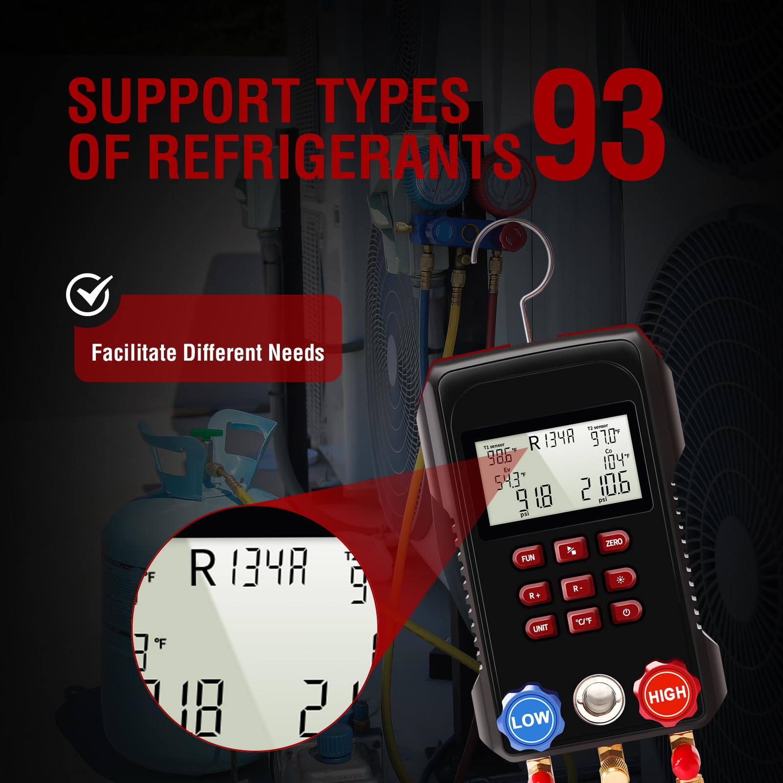 AMF-300 Manometro Digitale di Gas Refrigerazione, Manometro Per Vuoto Condizionatori per 93 tipi di refrigeranti con 2 morsetti di temperatura e tubi flessibili da 3000 PSI, HAVC Gigitale