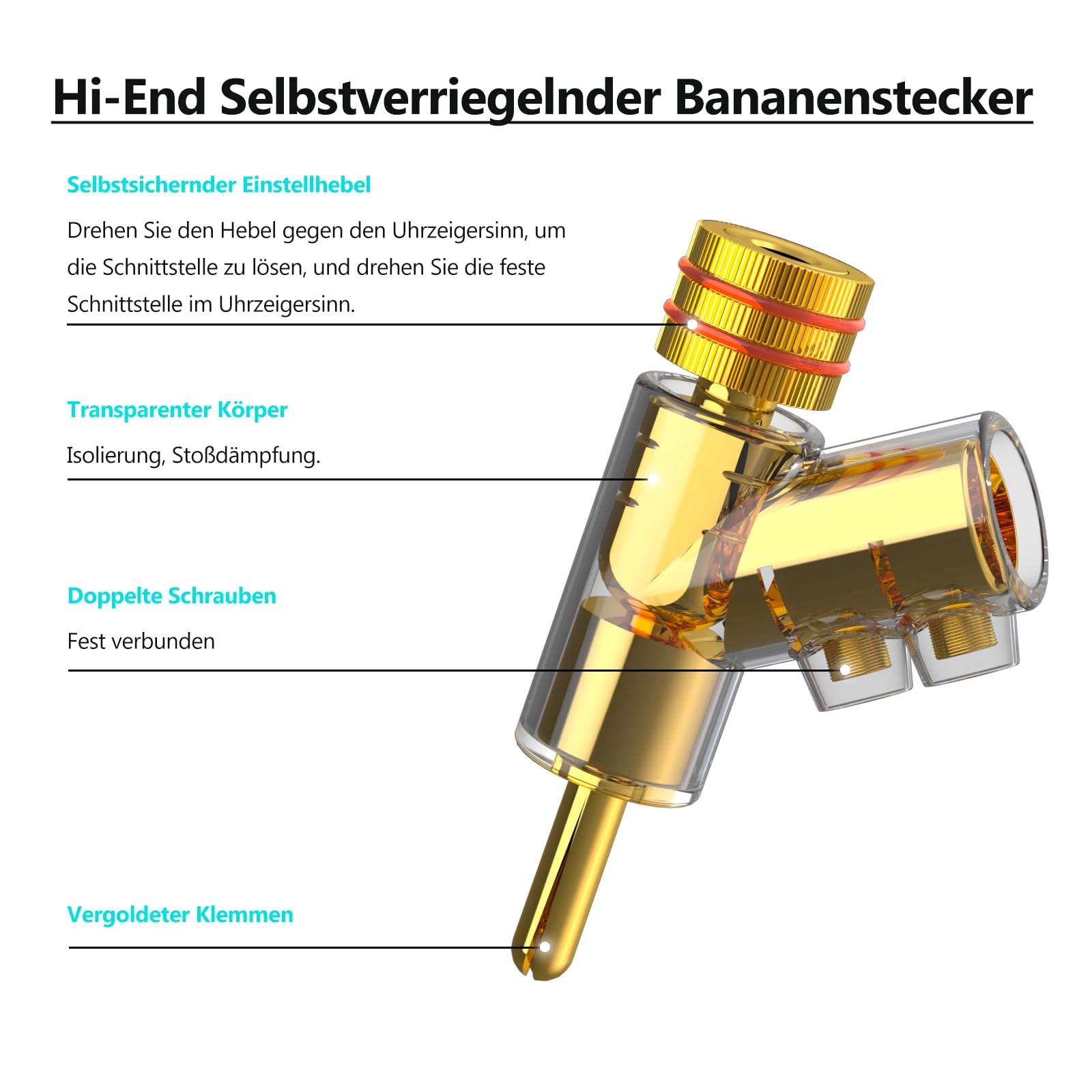 Monosaudio BA1403G Winkel-Bananenstecker, 24K Vergoldet, 8er Pack