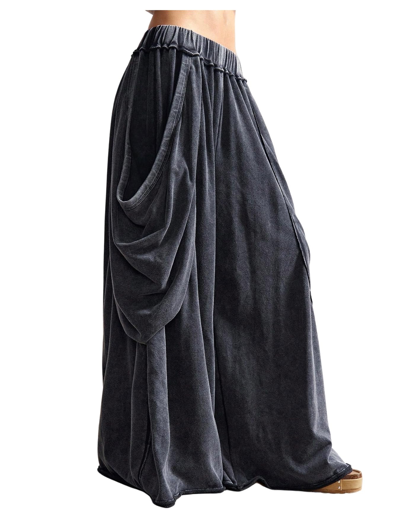 MakeMeChic Womens Wide Leg Baggy Pants Elastic High Waisted Loose Trousers with Pocket