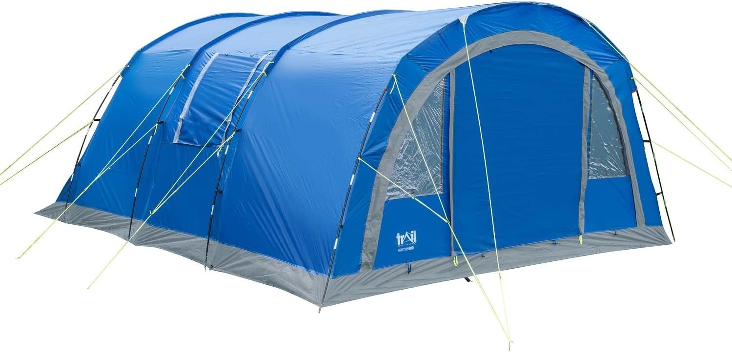 Large 4-6 Person/Man Family Tunnel Tent, Sewn-In Groundsheet, 4000mm Water Column, 2 Bedrooms, Living Room, Standing Space, Carry Bag