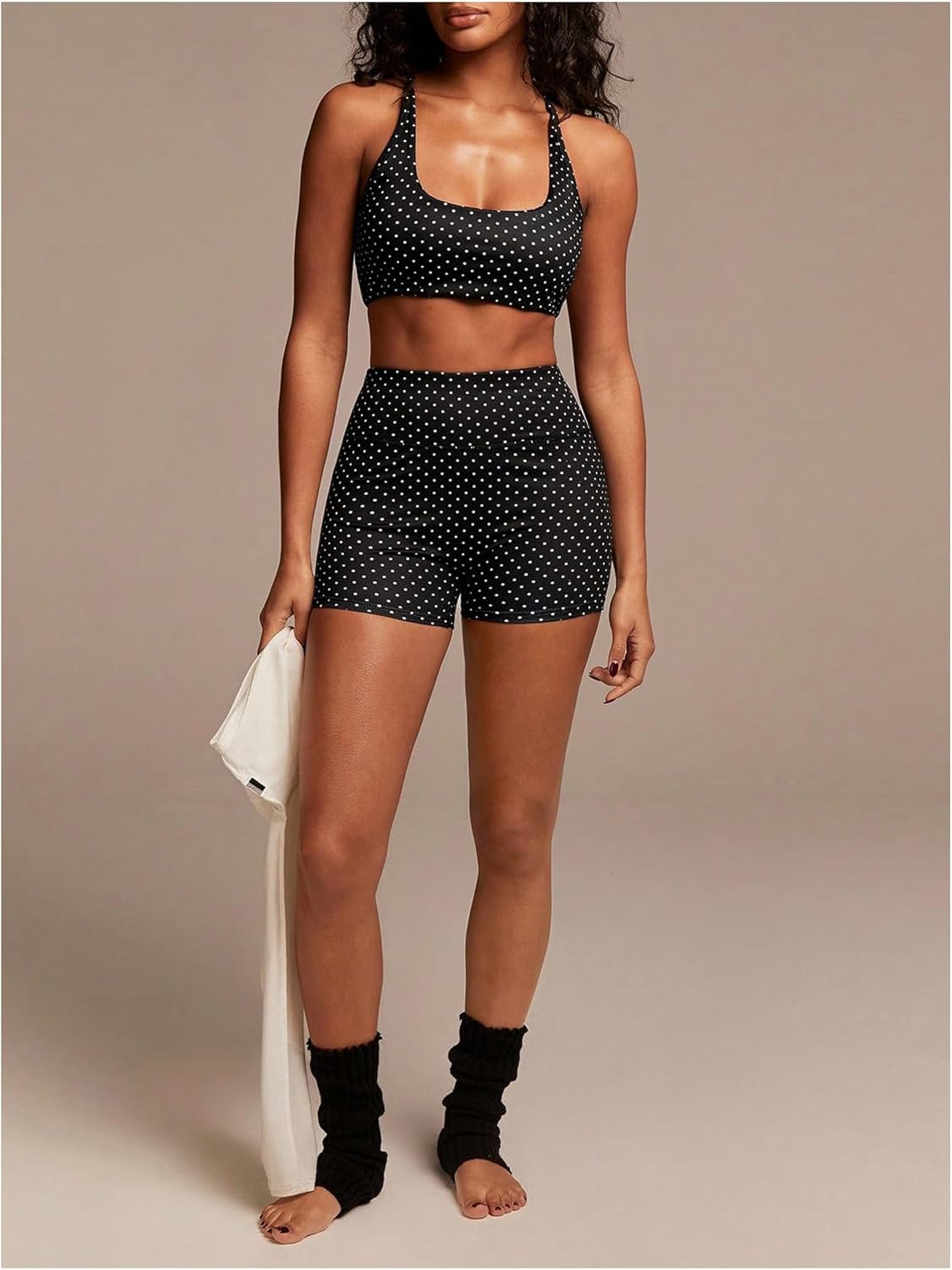 MakeMeChic Women's Polka Dots Workout Sets 3 Piece Long Sleeve Crop Tops Biker Shorts Gym Yoga Active Wear Set