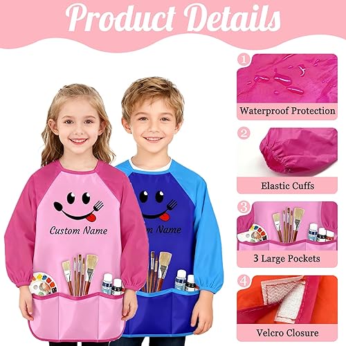 Miniatura 4 de Delantal de pintura para niños con nombre personalizado para niños, impermeable, manga larga para artista, bata de arte personalizada