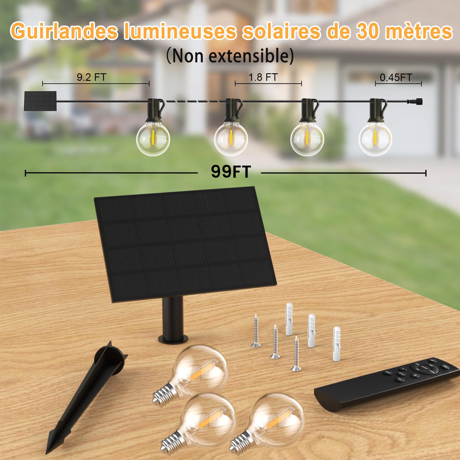 Guirlande Solaire Exterieur, 30M/99ft Guirlande Lumineuse Solaire avec 50+3 G40 Ampoules, 4 Modes Étanche IP45 Guirlande Guinguette Extérieur pour Jardin Terrasse Noël Mariage Fête