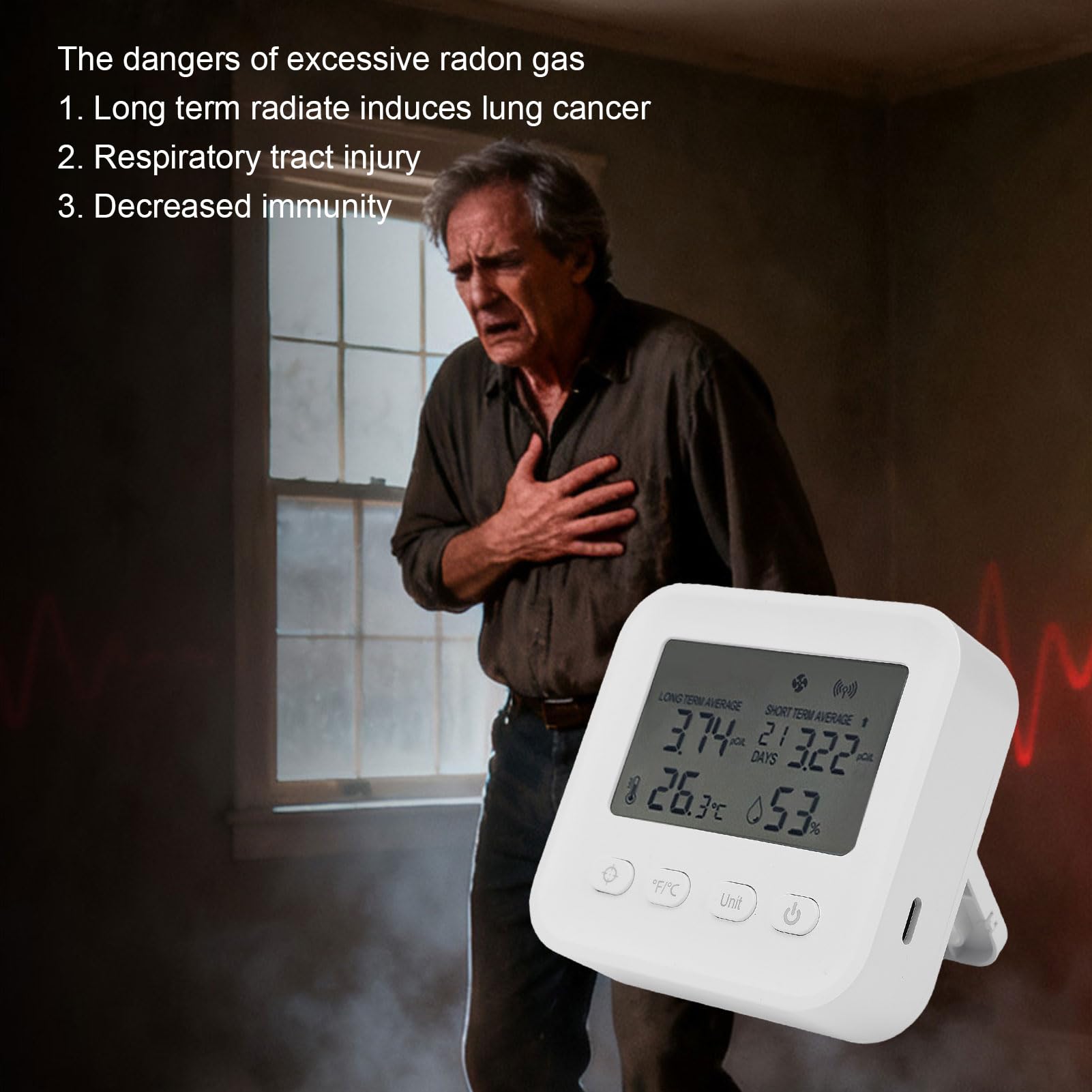 Akozon Detector de Radón Portátil Monitoreo Rápido y Preciso para el Sótano del Hogar con Temperatura Promedio a Largo Plazo Humedad Kit de Prueba 4 en 1 Instalaciones Médicas