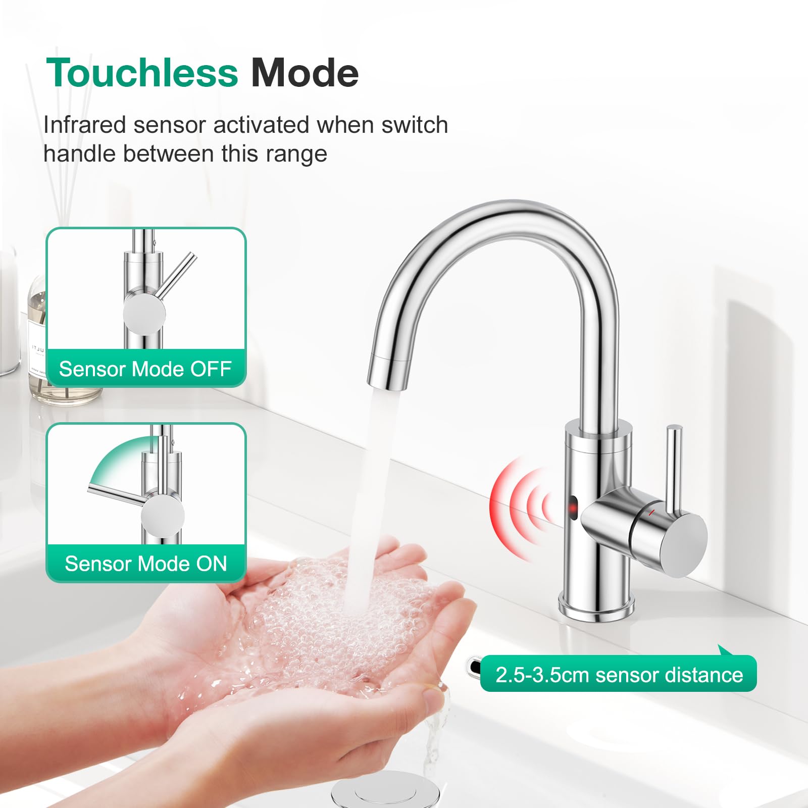 CREA Robinet de lavabo à capteur infrarouge pour salle de bain - Mitigeur monocommande haute pression pour lavabo de salle de bain - Chromé poli